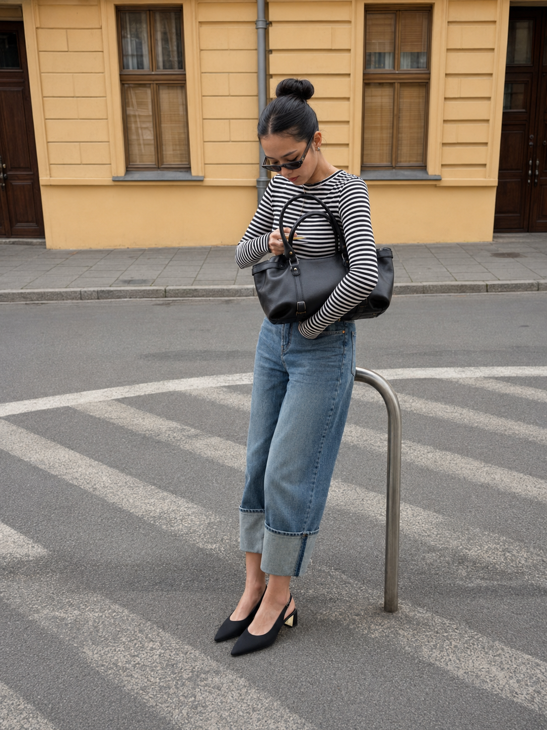 Woman styling Buvia shoes on a city street